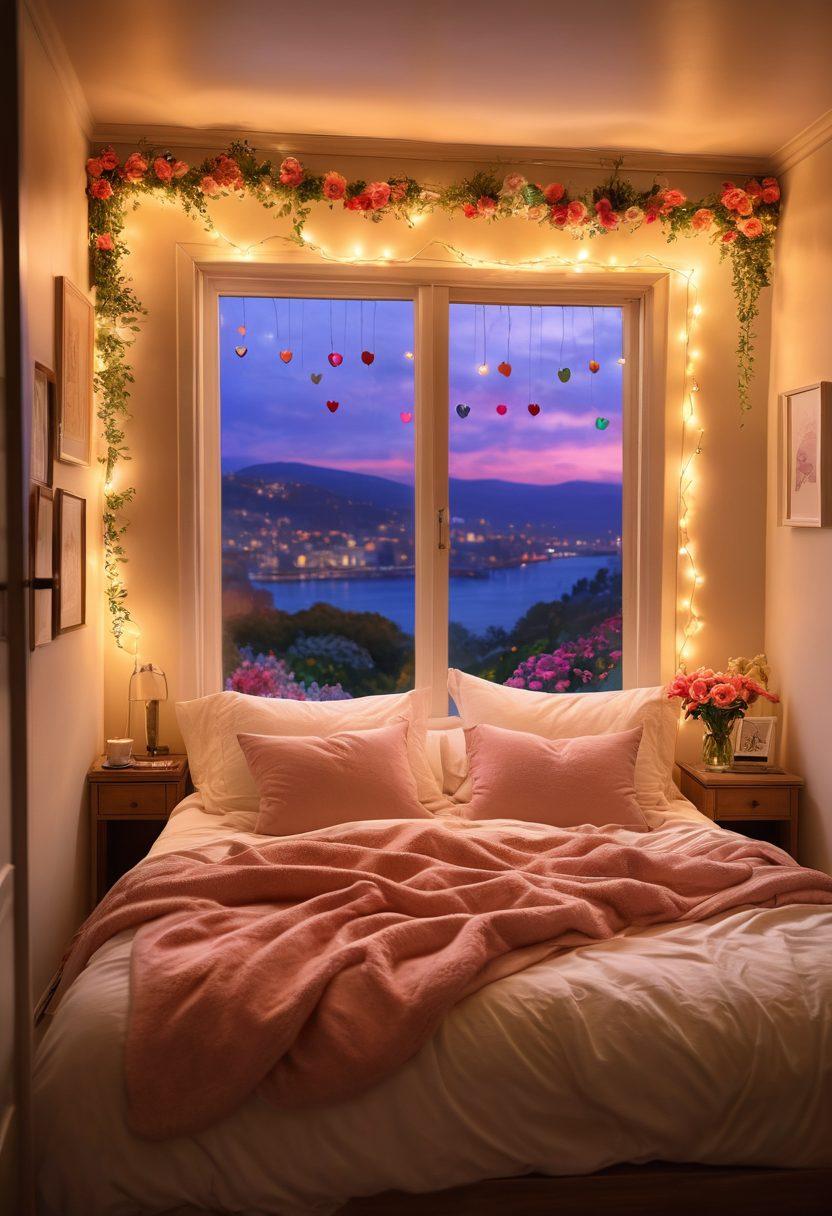 A cozy, inviting bedroom with warm lighting and soft textures, showcasing a couple joyfully embracing each other, surrounded by floating hearts and colorful flowers symbolizing affection and euphoria. Include elements like fairy lights and a window with a sunset view to enhance the romantic atmosphere. vibrant colors. soft focus. 3D.