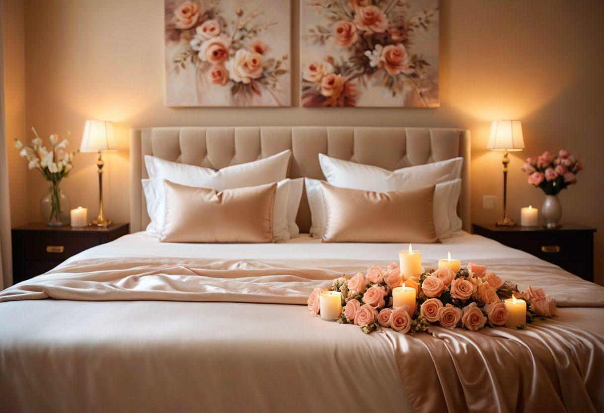 A serene and inviting bedroom scene, featuring soft, ambient lighting with candles and flowers. A cozy bed adorned with luxurious satin sheets and pillows, symbolizing intimacy. Subtle, intertwined hands suggest connection, while a gentle, blurred background of warm colors evokes passion and joy. Artistic textures create a dreamlike atmosphere, hinting at romantic possibilities. oil painting. warm tones. soft focus.